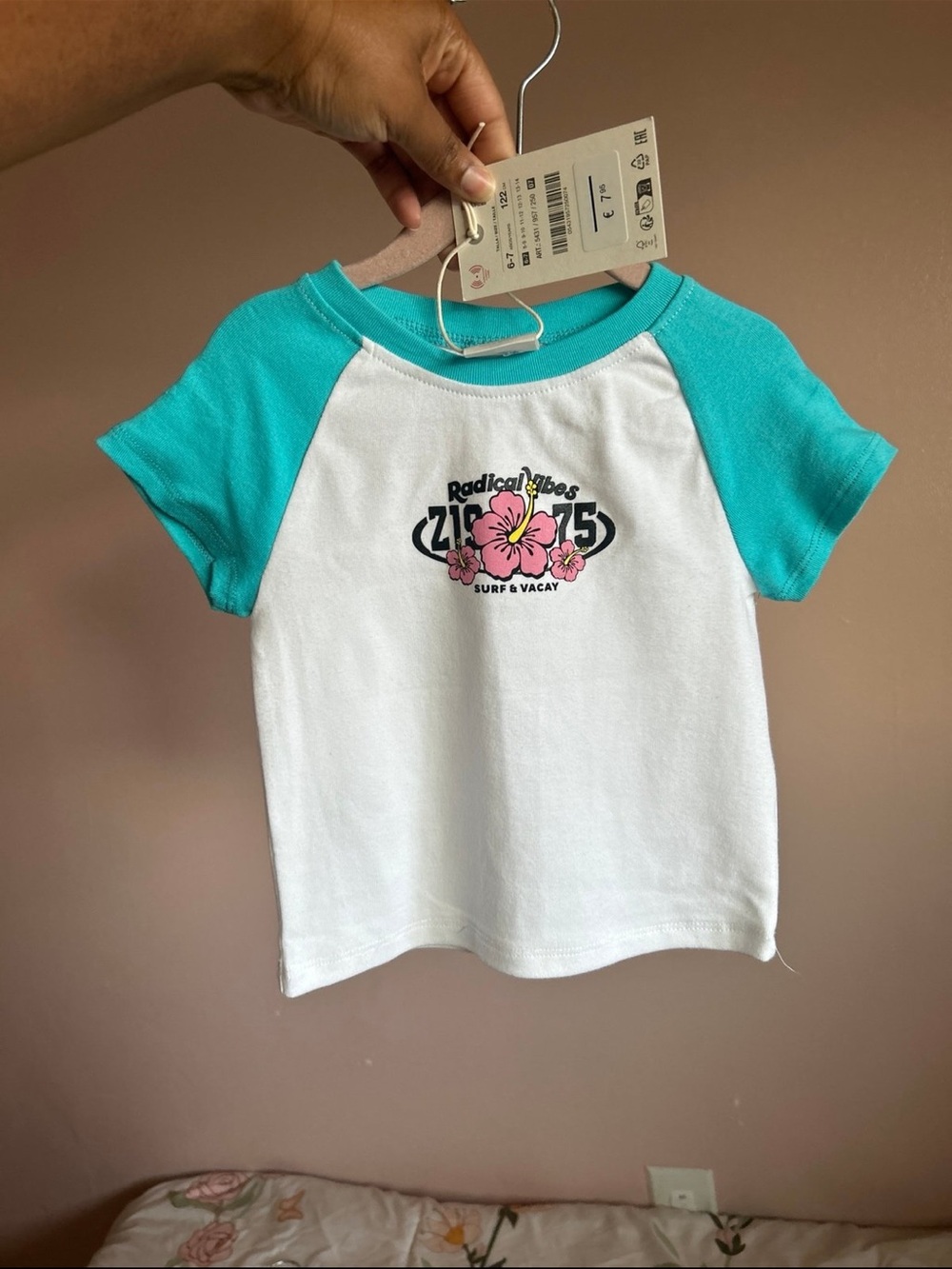 Zara White & Turquoise Raglan Tee with Pink Floral Graphic